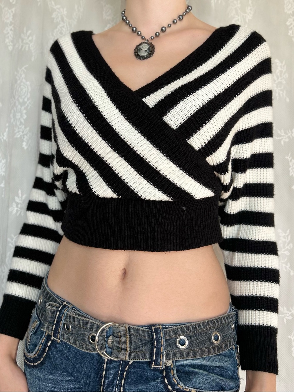 Grunge Black & White Striped Cropped Sweater